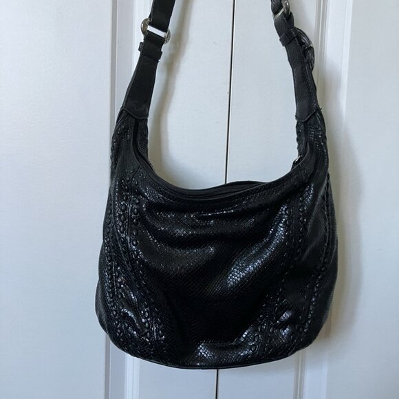Brighton Black Leather Purse Womens Hobo Slouchy Faux Snakeskin Western Buckle - Picture 5 of 16